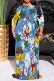 Red Casual Print Basic Belted O Neck Long Plus Size Dresses