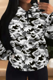 Orange Green Casual Camouflage Print Draw String Pocket Patchwork Hooded Tops