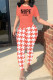 Tangerine Red Casual Street Plaid Letter Print Contrast O Neck Short Sleeve Two Pieces