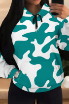 Cyan Casual Camouflage Print Draw String Pocket Patchwork Hooded Tops