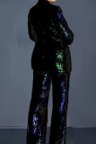 White Casual Solid Color Sequins Buttons Patchwork Turndown Collar Long Sleeve Two Pieces