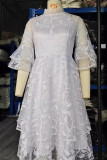 White Elegant Solid Color Patchwork Mesh Zipper O Neck Long Dresses