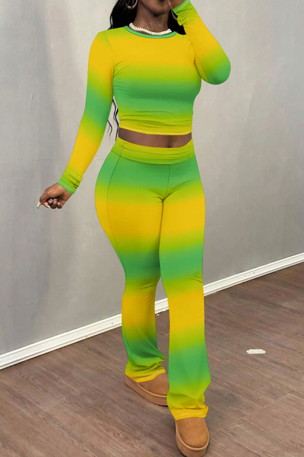 Green Yellow Casual Print Patchwork O Neck Long Sleeve Two Pieces