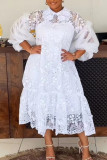 White Elegant Solid Color Lace Patchwork Mesh Turndown Collar Long Dresses