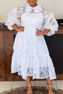 White Elegant Solid Color Lace Patchwork Mesh Turndown Collar Long Dresses