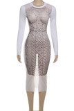 White Casual Print Patchwork O Neck Long Dresses