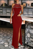 Black Elegant Solid Color Patchwork High Slit Hot Drill Zipper O Neck Long Dresses