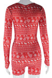 Red Casual Print Patchwork Zipper O Neck Skinny Rompers