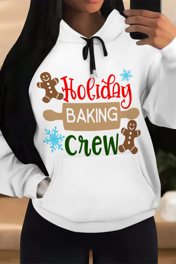 White Red Casual Christmas Tree Letter Print Bow Draw String Pocket Hooded Tops