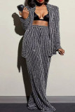Black Casual Stripe Patchwork Cardigan Collar Long Sleeve Two Pieces