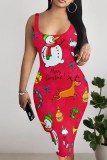 Watermelon Red Casual Santa Claus Print Basic U Neck Vest Dresses