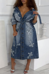 Blue Casual Solid Color Embroidered Buckle Patchwork Strap Design Turndown Collar Nine Points Sleeve Loose Denim Jacket