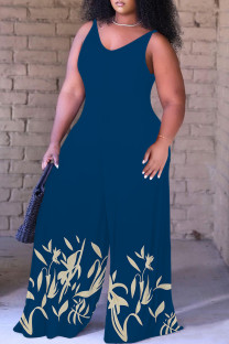 Tibetan Blue Casual Print Backless Spaghetti Strap Plus Size Jumpsuits (With Headscarf)