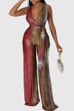 Red Casual Print Patchwork Strap Design Deep V Neck Loose Jumpsuits