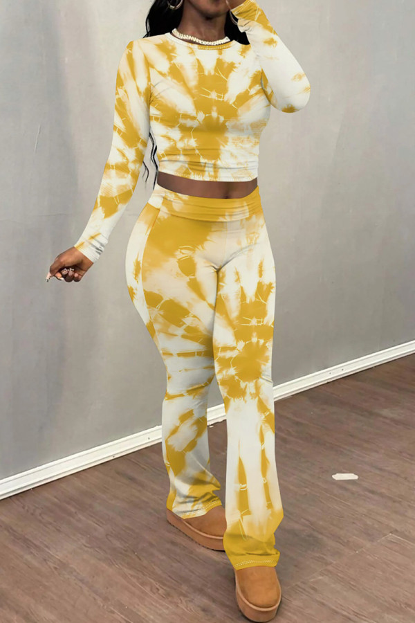 Earth Yellow Casual Print Patchwork O Neck Long Sleeve Two Pieces
