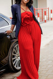 Red Casual Solid Color Patchwork Flower Shape Spaghetti Strap Loose Jumpsuits