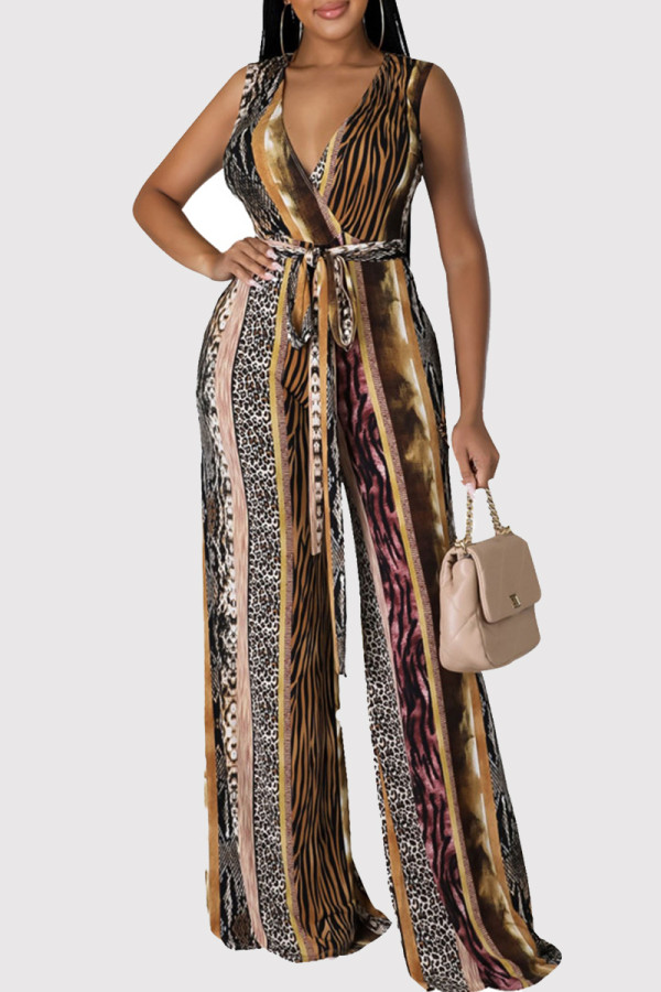 Brown Casual Print Patchwork Strap Design Deep V Neck Loose Jumpsuits