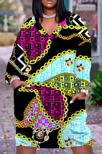 Black Casual Print Basic V Neck Long Sleeve Plus Size Dresses