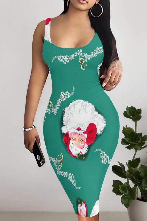 Santa Claus Casual Cartoon Print Basic U Neck Vest Dresses