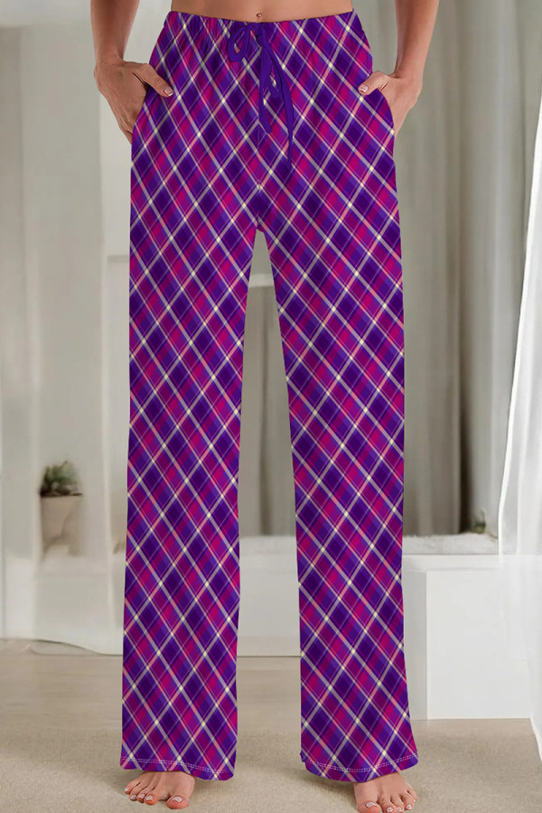 Purple Casual Print Draw String Pocket Patchwork Loose Mid Waist Straight Full Print Bottoms