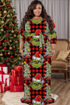 Red Casual Cartoon Print Belted O Neck Long Plus Size Dresses