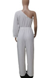 Rose Red Casual Solid Color Patchwork Backless Oblique Collar Loose Jumpsuits