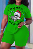 Green Black Casual Print Basic O Neck Short Sleeve Two Pieces
