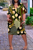 Yellow Brown Casual Print Pocket V Neck Long Sleeve Plus Size Dresses