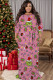 Pink Casual Cartoon Print Belted O Neck Long Plus Size Dresses