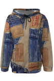 Baby Blue Casual Street Faux Denim Print Draw String Pocket Hooded Tops