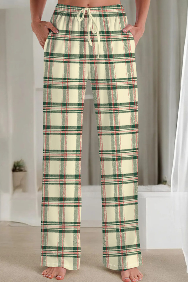 Light Yellow Casual Print Draw String Pocket Patchwork Loose Mid Waist Straight Full Print Bottoms