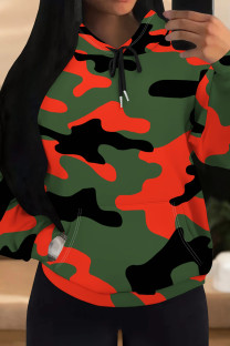 Orange Green Casual Camouflage Print Draw String Pocket Patchwork Hooded Tops
