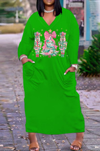 Green Pink Casual Print Pocket V Neck Long Plus Size Dresses