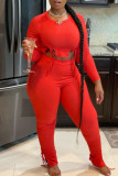 Red Casual Solid Color Draw String Patchwork O Neck Long Sleeve Two Pieces