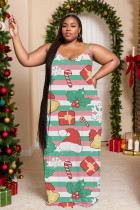 Pink Green Casual Print Backless Spaghetti Strap Long Dresses