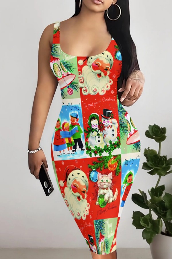 Red Casual Cartoon Print Basic U Neck Vest Dresses