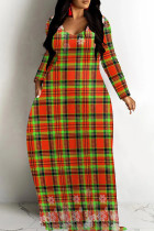 Orange Casual Print Basic V Neck Long Dresses