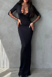 Black Sexy Solid Color Hollow Out Patchwork Cross Straps Deep V Neck Long Dresses