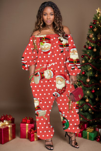 Watermelon Red Casual Santa Claus Print Backless Off Shoulder Regular Jumpsuits
