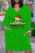 Green Black Casual Cartoon Print Pocket Basic V Neck Long Sleeve Plus Size Dresses