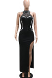 Black Elegant Solid Color Patchwork High Slit Hot Drill Zipper O Neck Long Dresses