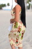 Watermelon Red Casual Santa Claus Print Basic U Neck Vest Dresses