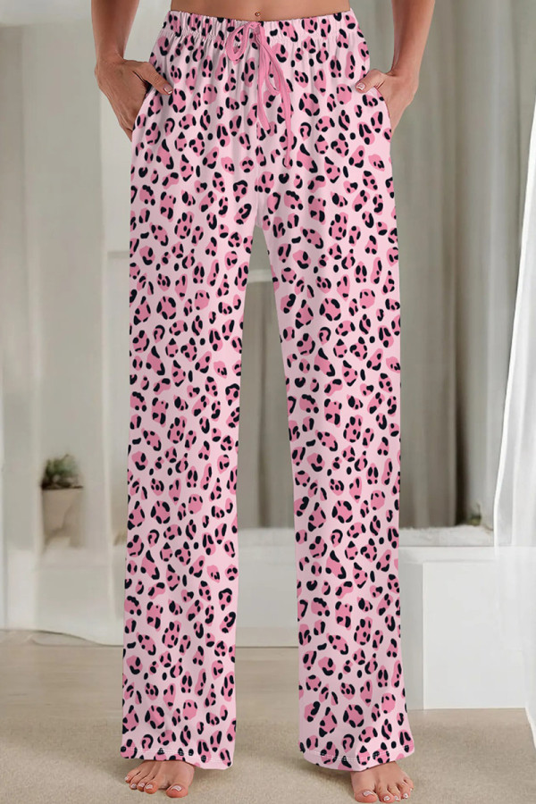 Pink Casual Print Draw String Pocket Patchwork Loose Mid Waist Straight Full Print Bottoms