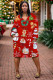 Red Casual Print Pocket V Neck Long Sleeve Plus Size Dresses