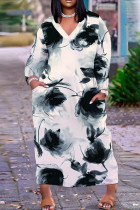 White Grey Casual Floral Print Pocket V Neck Long Plus Size Dresses