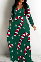 Green Casual Print Basic V Neck Long Dresses