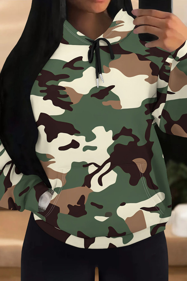 Camouflage Casual Camouflage Print Draw String Pocket Patchwork Hooded Tops