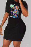 Black Casual Print Patchwork O Neck Wrapped Skirt Dresses
