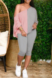 Pink Gray Casual Draw String Patchwork Contrast Oblique Collar Long Sleeve Two Pieces