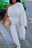 Rose Red Casual Solid Color Patchwork Backless Oblique Collar Loose Jumpsuits